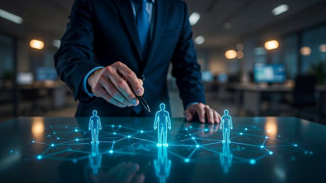 Title:
Business leader managing digital team network with holographic communication interface illustration