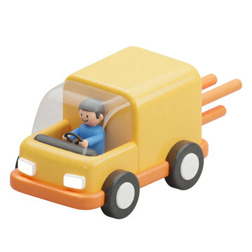 3D Isometric Cute Yellow Delivery Van Toy Vehicle with Driver Illustration Isolated on a Transparent Background