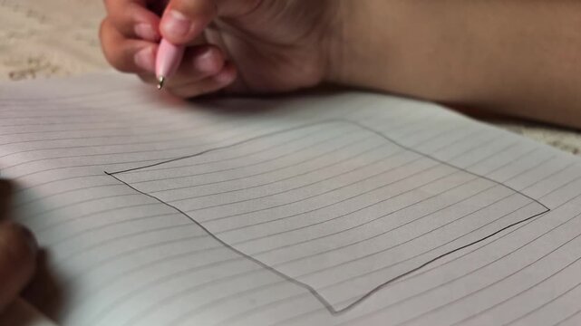 Angle view of a young child sketching a large tree trunk and leafy canopy next to an existing house drawing in a notebook.
