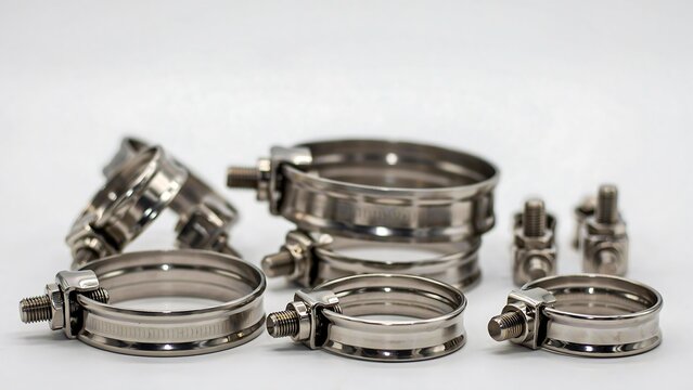 Title:
Stainless steel sanitary pipe clamps and fittings isolated on white background photo