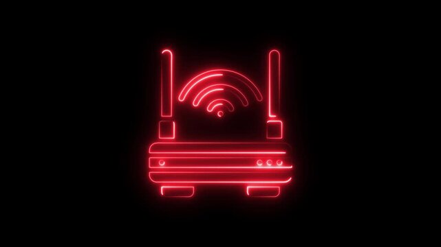 Red neon wi-fi router animation, wireless internet connection symbol for technology and networking concepts