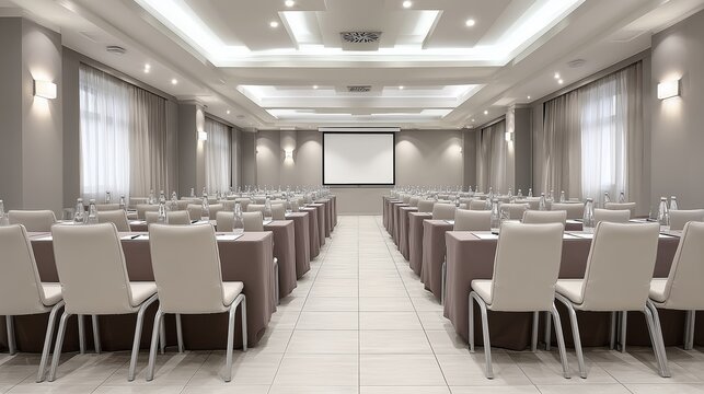A conference room with rows of chairs in a white room in daylight. A stage with a screen for presentations.