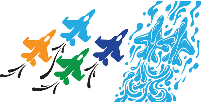 Colorful fighter jet vector illustration with flying airplanes and abstract blue water splash pattern
