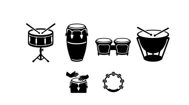 Collection of diverse drum silhouettes on a white background.