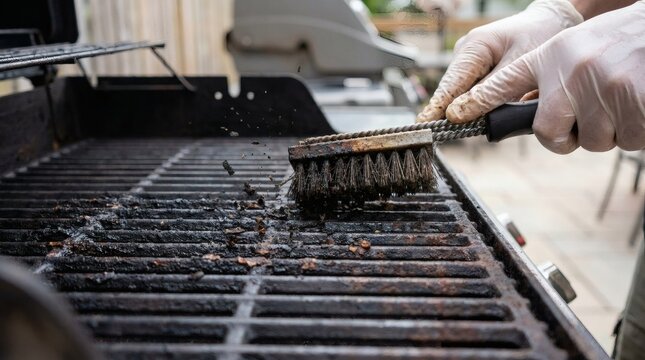 Close-up of hands in gloves scrubbing a dirty barbecue grill grate with a wire brush, removing burnt food and grease.