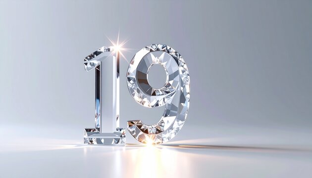 Diamond number 19 in luxury sparkling crystal glass, premium 3D render