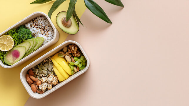 Healthy vegan lunch containers with copy space and minimal style
