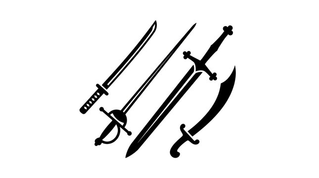 Collection of Four Different Swords Silhouettes on White Background.