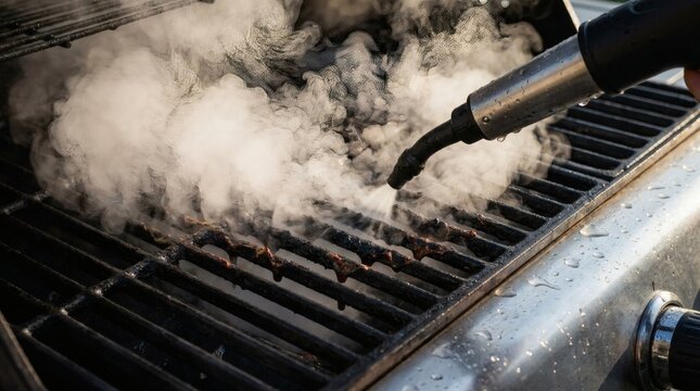 Close-up of a hand cleaning dirty barbecue grill grates with a high-pressure sprayer, producing hot steam and smoke during outdoor BBQ maintenance.