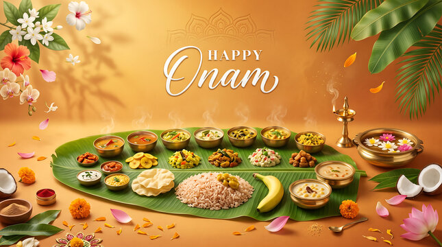 Happy Onam festival celebration Traditional south indian festive vegetarian feast spread on banana leaf for celebrating seasonal harvest festival with surrounded marigolds tropical floral decorations