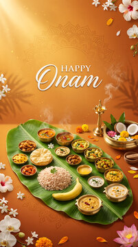 Happy Onam festival celebration Traditional south indian festive feast served on banana leaf with brass lamp with accompanied glowing brass oil lamp scattered flowers festive meal arranged