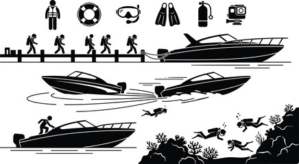 Scuba diving adventure icons set with speedboats divers underwater coral reef exploring and snorkeling equipment vector © MdAnarulIslam