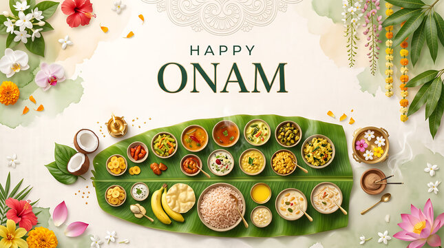 Happy Onam festival celebration Traditional south indian festive feast served on banana leaf for onam celebration holiday greeting card with surrounded vibrant tropical overhead view traditional