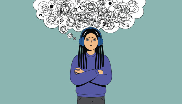 Young person with long dreadlocks wears headphones while feeling overwhelmed by a chaotic cloud of thoughts and confusing questions.