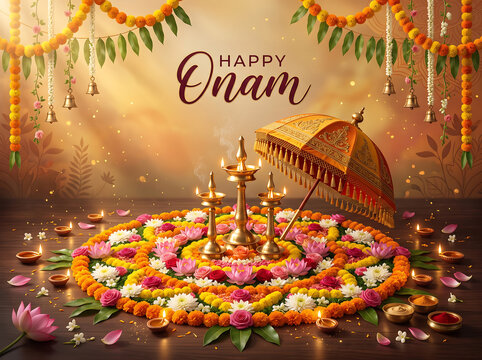 Happy Onam festival celebration Traditional decorative floral rangoli arrangement with brass oil lamps and ceremonial umbrella for festive celebration with displays vibrant circular