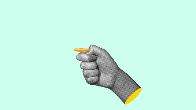 Hand tossing a spinning dollar coin that lands back on finger against mint background, halftone pop art loop animation, finance luck concept.