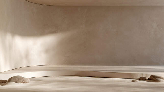 Minimalist zen sand podium with natural stone and shadow