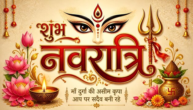 Shubh Navratri Hindi Festival Greeting Design with Goddess Durga Eyes, Diya, Trishul and Floral Background