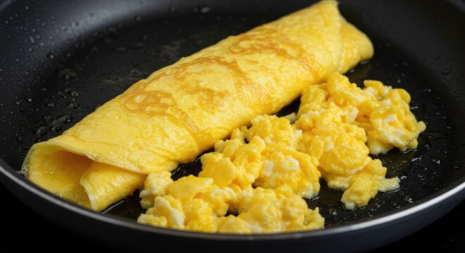 A close-up view of fluffy, golden yellow scrambled eggs being cooked in a pan, ready to be folded into a delicious omelette ,source ,taste ,food