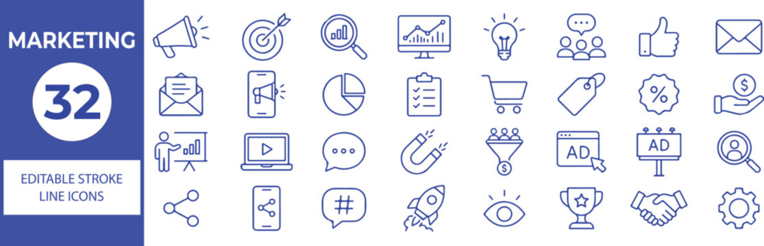 32 Marketing Vector Outline Icons Set,Digital Marketing, Advertising, SEO, Analytics, Branding and Promotion Line Symbols Collection