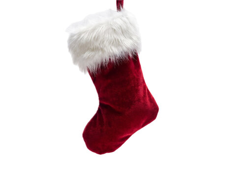 Ultra realistic red velvet Christmas stocking trimmed with soft white fur, luxurious fabric texture, centered composition, isolated on pure white background, transparent PNG, soft natural shadow, prem
