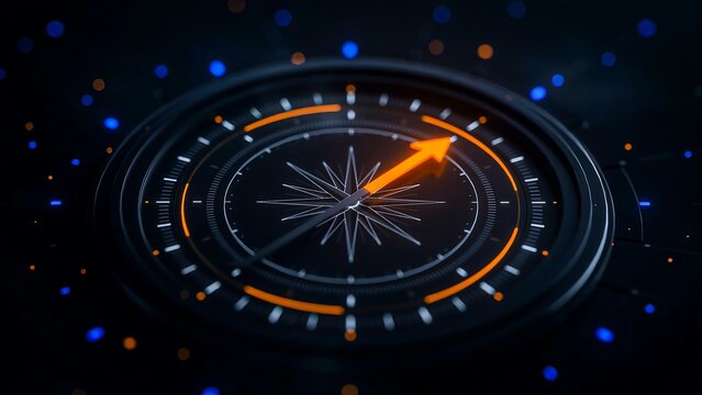 Title:
Futuristic digital compass with glowing navigation arrow on abstract technology background illustration