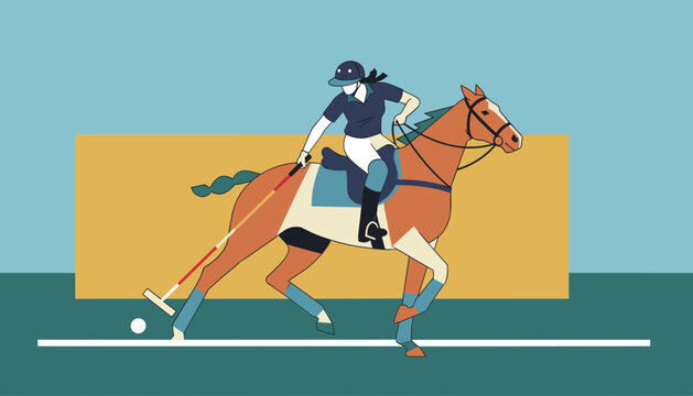 Skilled polo player riding a brown horse across a green field while preparing to hit the ball with a mallet during a competitive match.