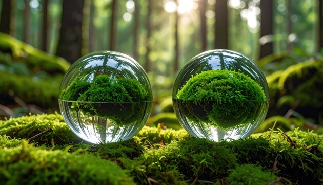 Two glass spheres containing green moss in a sunny forest