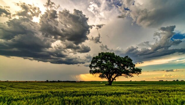 Lone tree in green field under dramatic storm clouds