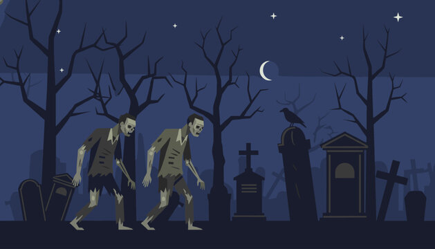 Spooky night scene in a cemetery with two zombies walking through rows of headstones under a crescent moon and bare trees.