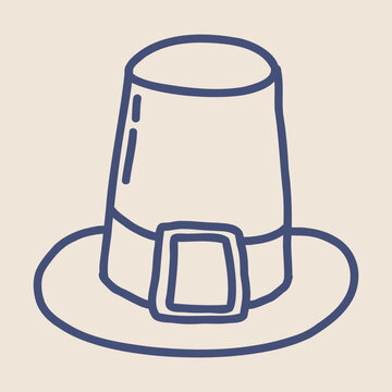 Minimal hand drawn pilgrim hat doodle icon featuring a simple outline Thanksgiving symbol on a neutral background ideal for holiday decorations, greeting cards, invitations, harvest themes