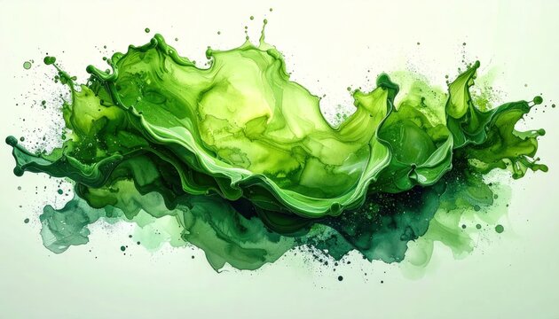 Vibrant green paint splash with fluid motion on white background