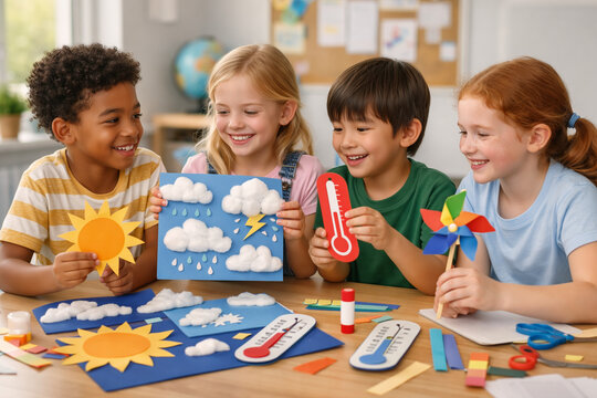 Diverse children making weather charts with sun cloud wind