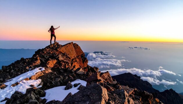Hiker celebrates on rocky mountain peak at sunset above clouds