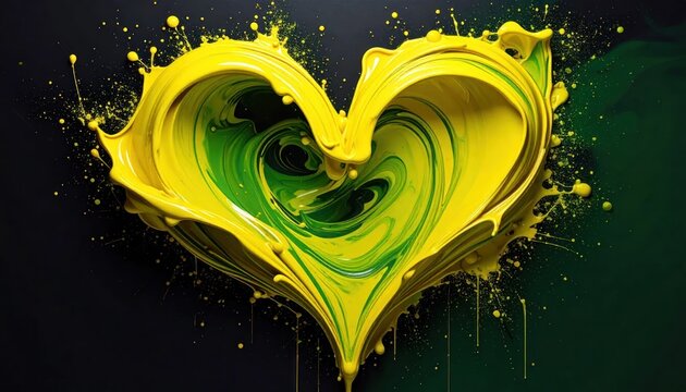 Abstract yellow and green paint splash heart on black background