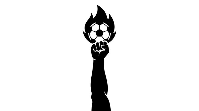 Arm raised holding a flaming soccer ball