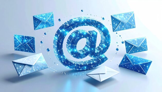 Glowing blue at symbol surrounded by digital email envelopes