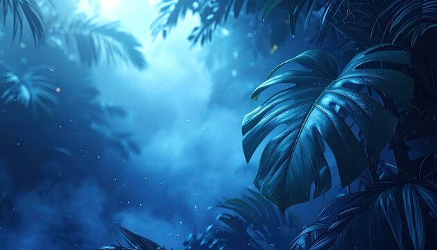 Large monstera leaves in dark blue moonlit tropical jungle