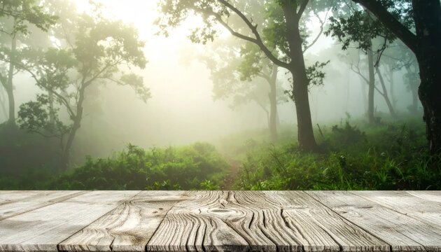 Wooden table surface overlooking sunlit misty forest landscape