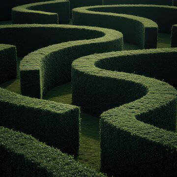 An imposing, textured stone or hedge wall defining a winding path in a massive, confusing puzzle structure, suggesting a complex challenge or barrier ,tall ,barrier ,challenge