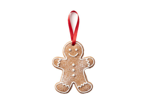 Ultra realistic smiling gingerbread cookie ornament with white icing details and red ribbon hanger, centered composition, isolated on pure white background, transparent PNG, soft shadow, premium studi