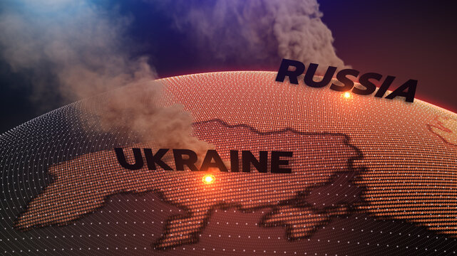 a digital futuristic-style globe focusing on Russia and Ukraine, russia map, ukraine map, russia ukraine war map