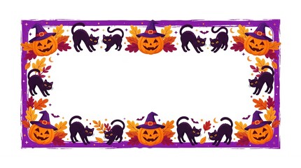 Fototapeta premium Halloween border frame with black cats and orange pumpkins isolated on white background