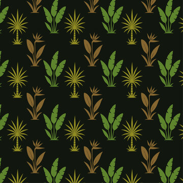 Botanical repeat pattern design with exotic plants, seamless vector wallpaper and background for surface design 