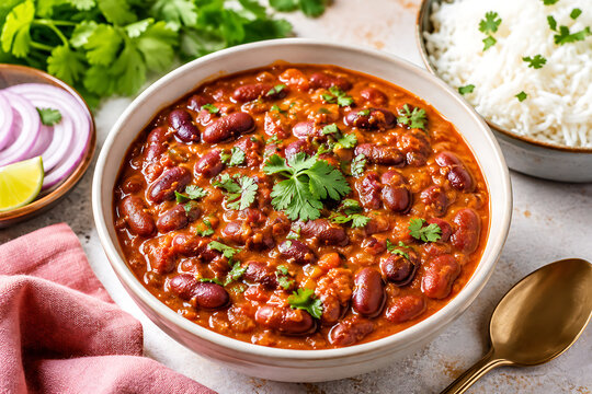 Rajma masala with kidney beans in rich tomato curry, steamed rice and fresh herbs, bright cheerful lighting, vibrant Indian comfort food