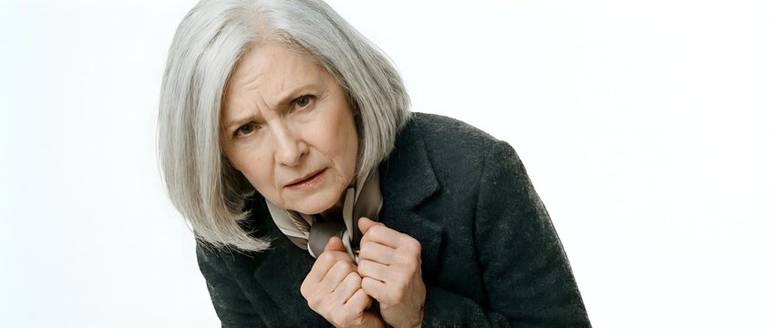 Senior woman with long gray hair and fair complexion wearing dark charcoal blazer, posing against white background for portrait photography, business, healthcare, or lifestyle editorial use.