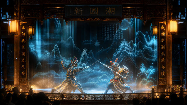 Epic Showdown: Two warriors in traditional ornate armor engage in a dramatic sword fight on a stage adorned with traditional oriental elements and a mystical projected backdrop.