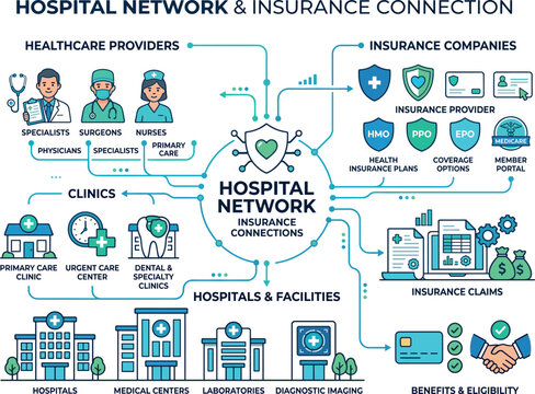 Hospital Network and Insurance Connection Infographic - Healthcare Providers, Insurance Companies, Clinics and Medical Facilities Vector Diagram