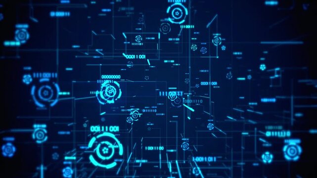 Abstract digital binary code data stream flowing through cyberspace network technology background