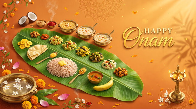 Happy Onam festival celebration Traditional south indian festive feast served on a fresh green banana leaf with golden oil lamp with various vegetarian dishes bowls dessert decorative